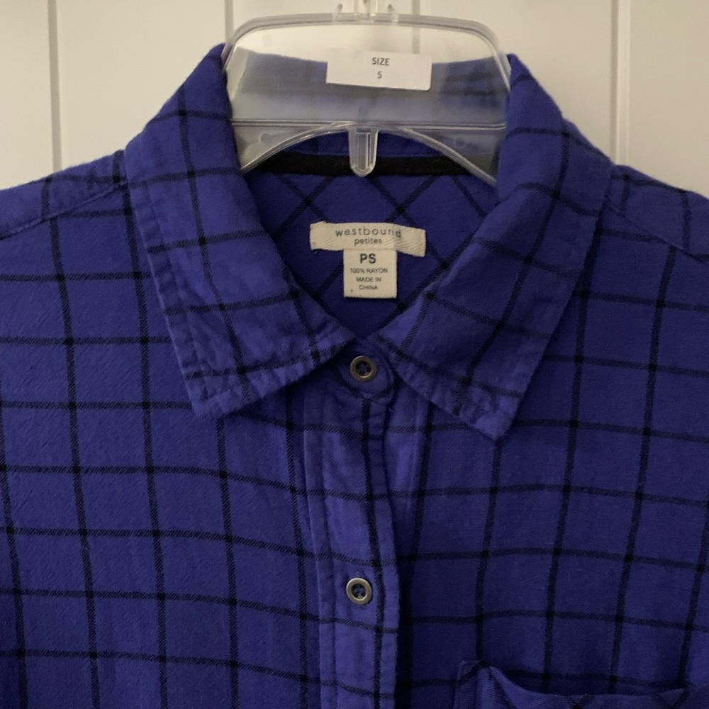 Westbound Flannel long sleeved fringed button up shirt blue black plaid PS